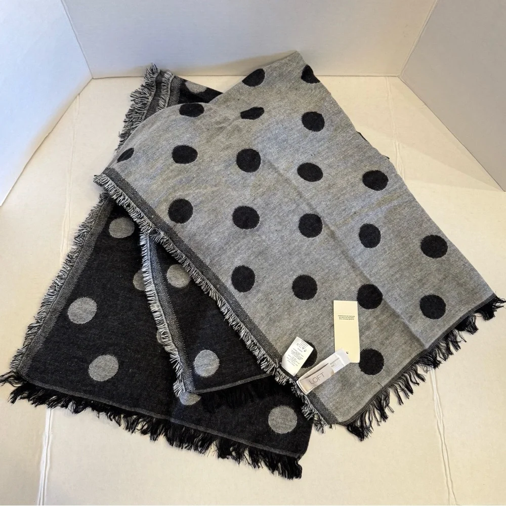NEW LOFT Polka Dot Reversible Grey and Black Scarf Wrap Casual Cotton Blend NWT